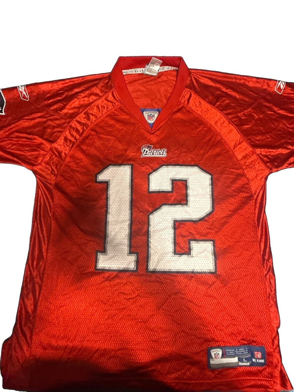 VINTAGE TOM BRADY #12 NEW ENGLAND PATRIOTS REEBOK ON FIELD RED MEN'S JERSEY LG